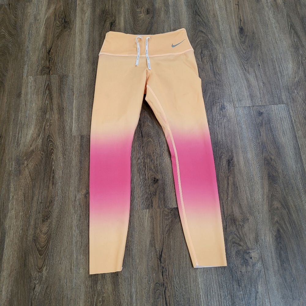 NIKE DRI-FIT WOMENS ORANGE PINK RUNNING LEGGINGS SIZE SMALL RAW HEM Athletic